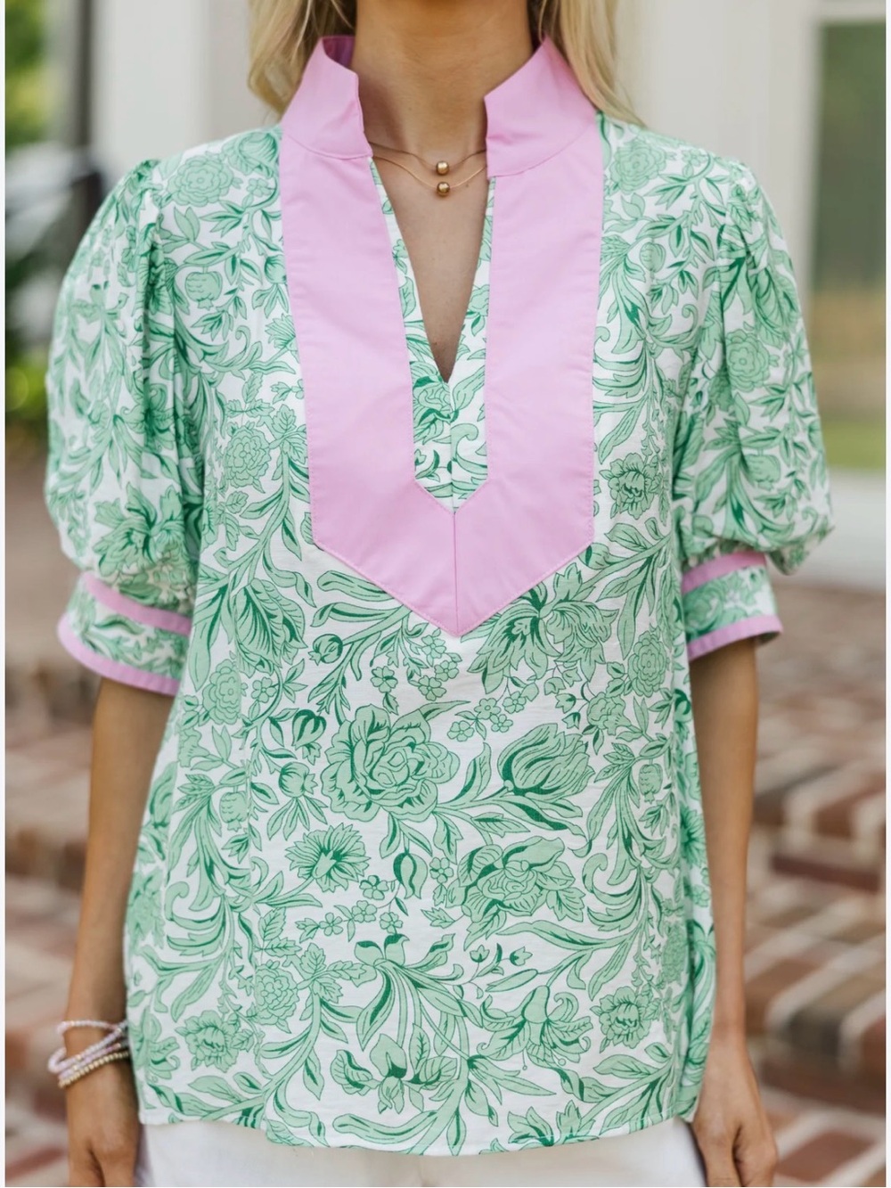 entro Green & Pink Floral V-Neck Puff Sleeve Tunic